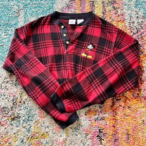 Vintage Mickey Mouse Plaid Henley – Cozy Classic Disney | Disney Tee | Size Smal